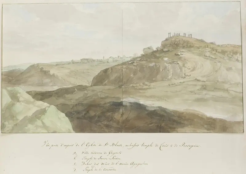 Gezicht vlakbij de kerk van heilige Blasius, gebouwd op resten tempel van Demeter, te Agrigento Wall Art by Louis Ducros - High-Resolution Digital Print