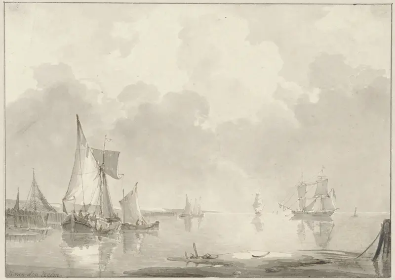 Gezicht voor de kust met schepen in stil water Wall Art by Hendrik van den Helm - High-Resolution Digital Print