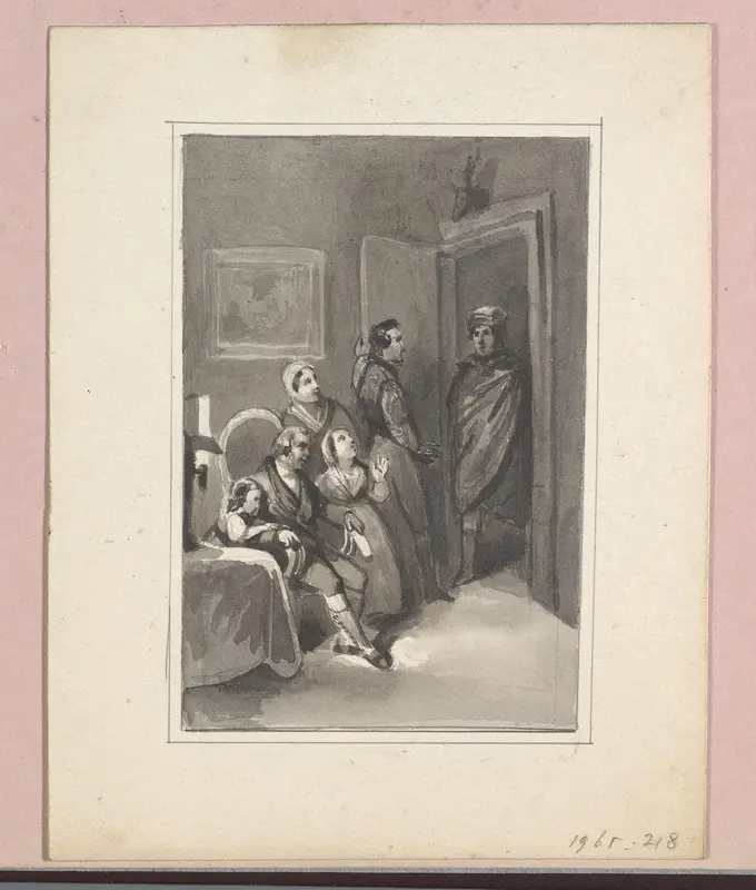 Gezin in een interieur met een bezoeker in de deuropening Wall Art by Johann Wilhelm Kaiser (I) - High-Resolution Digital Print