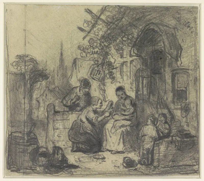 Gezin zittend buiten voor het huis Wall Art by Eugène François de Block - High-Resolution Digital Print
