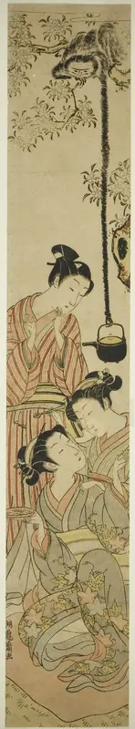 Gibbon snatching sake pot from flower-viewing party Wall Art by Isoda Koryusai - High-Resolution Digital Print