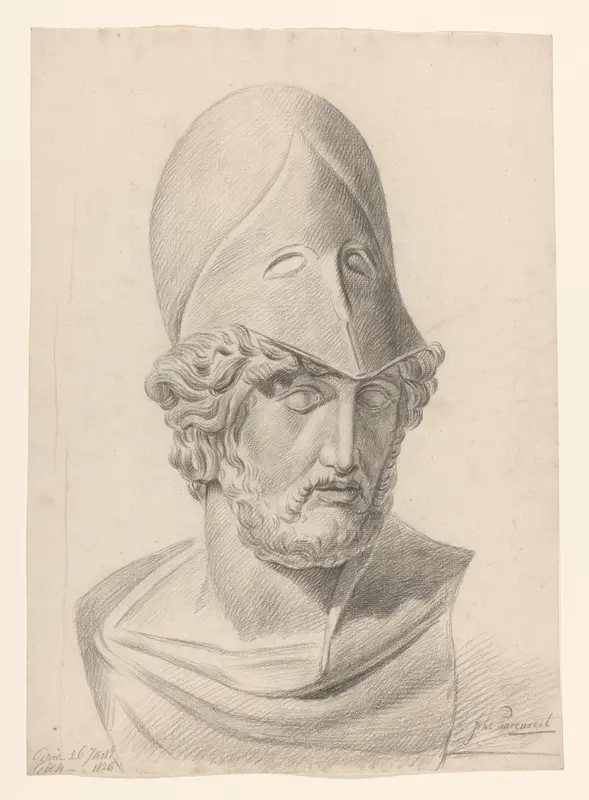 Gips van antieke buste van man met helm Wall Art by Johannes Tavenraat - High-Resolution Digital Print