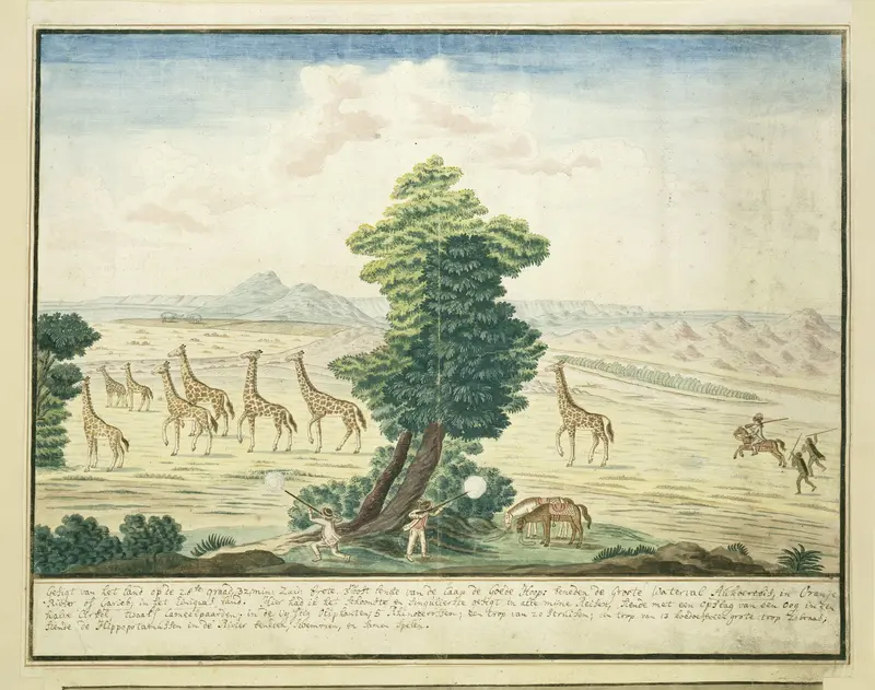 Giraffe-hunt near the Orange River in the vicinity of the Augrabies Falls on the Orange River Wall Art by Robert Jacob Gordon - High-Resolution Digital Print