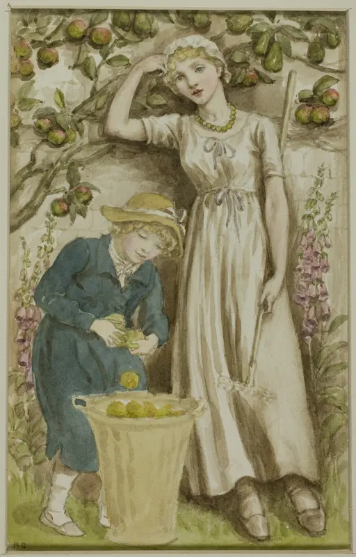 Girl and Boy Picking Apples Wall Art by Kate Greenaway - High-Resolution Digital Print