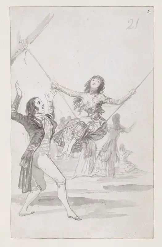 Girl on a swing, a man with his arms raised; folio 21 (recto) from the Madrid Album "B"