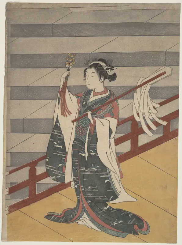 Girl on Balcony above Stone Stairway