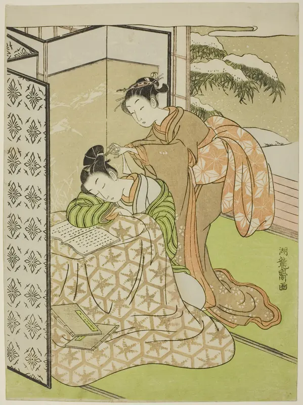 Girl Playing a Prank on a Young Man who is Napping Wall Art by Isoda Koryusai - High-Resolution Digital Print