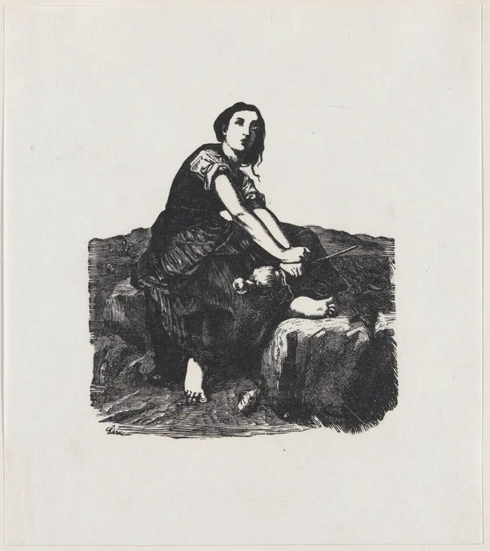 Girl seated on a rock holding a distaff Wall Art by Anonymous Mexican Artist - High-Resolution Digital Print