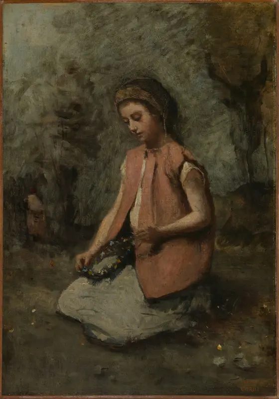 Girl Weaving a Garland Wall Art by Camille Corot - High-Resolution Digital Print