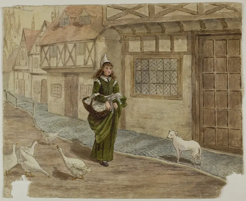 Girl with Eggs and Geese Wall Art by Kate Greenaway - High-Resolution Digital Print
