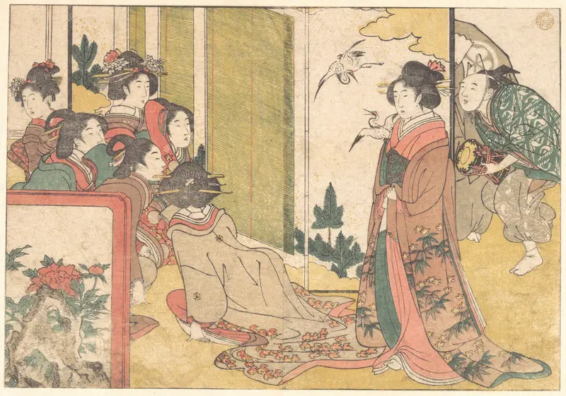 Girls Entertained by Performers, from the illustrated book Flowers of the Four Seasons