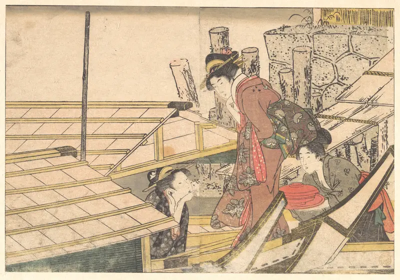 Girls Getting on Board a Boat, from the illustrated book Flowers of the Four Seasons Wall Art by Kitagawa Utamaro - High-Resolution Digital Print