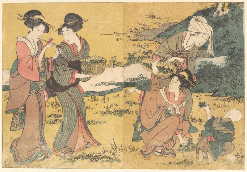 Girls Picking Green Leaves, from the illustrated book Flowers of the Four Seasons