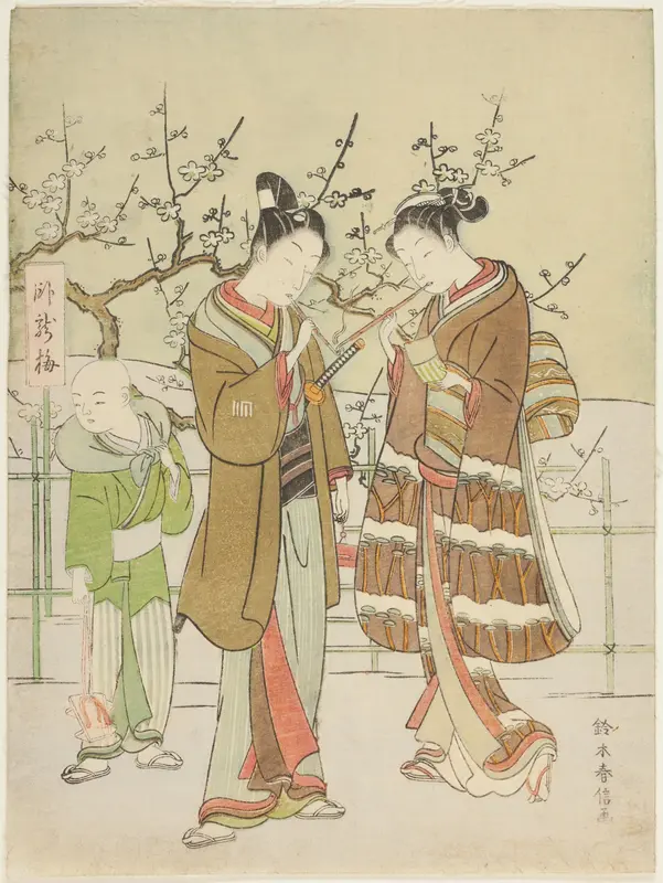 Giving a Light by the Garyubai Plum Tree Wall Art by Suzuki Harunobu - High-Resolution Digital Print