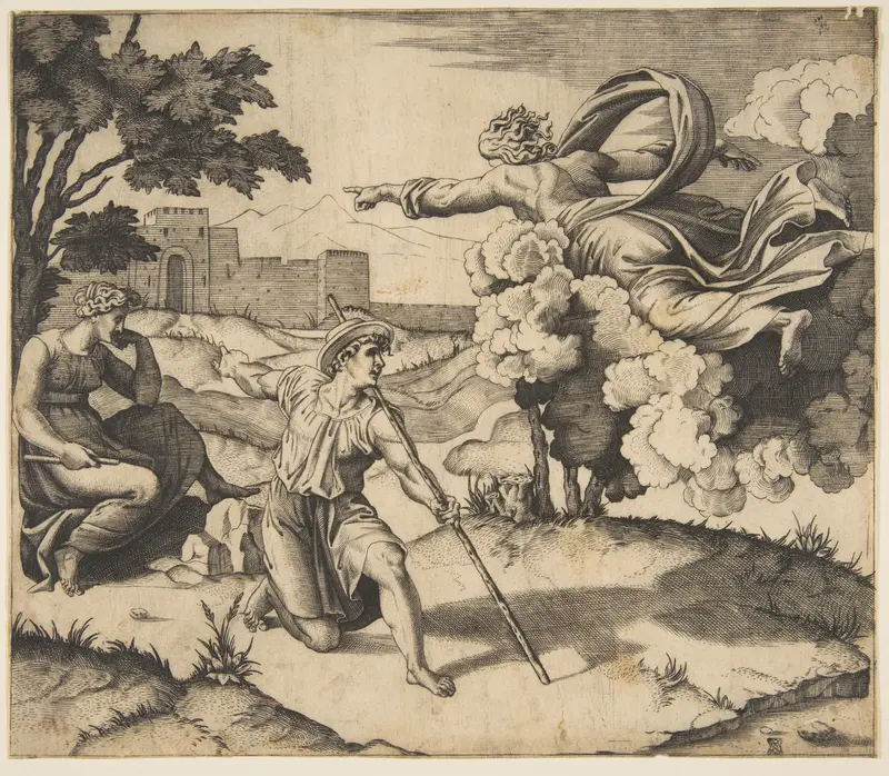 God appearing to Isaac; God floating in clouds pointing toward Rebecca seated under a tree at left, Isaac kneeling in the center holding a large stick and also pointing to Rebecca