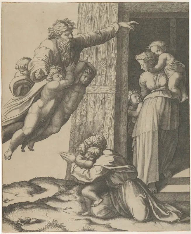 God carried by angels, appearing to Noah and his family, after the Flood
