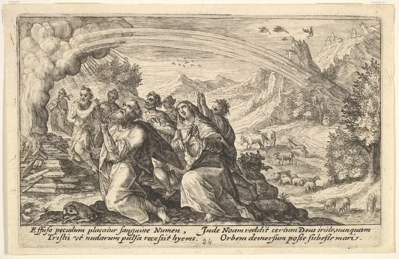 God enters into a covenant with Noah: next to a smoking pyre Noah kneels in a gesture of prayer, surrounded by members of his family, a rainbow stretches over them, from "Liber Genesis" Wall Art by Crispijn de Passe the Elder - High-Resolution Digital Print
