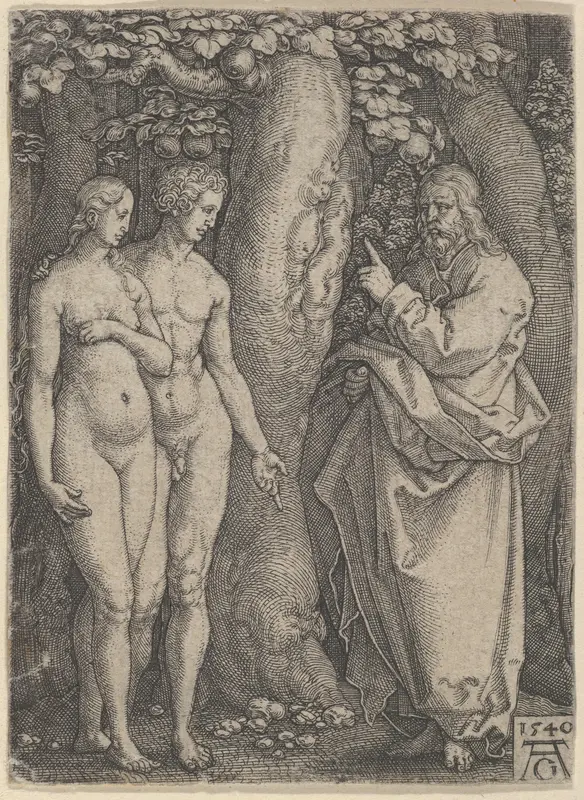 God Forbidding Adam and Eve to Eat from the Tree of Knowledge, from "The Story of Adam and Eve" Wall Art by Heinrich Aldegrever - High-Resolution Digital Print
