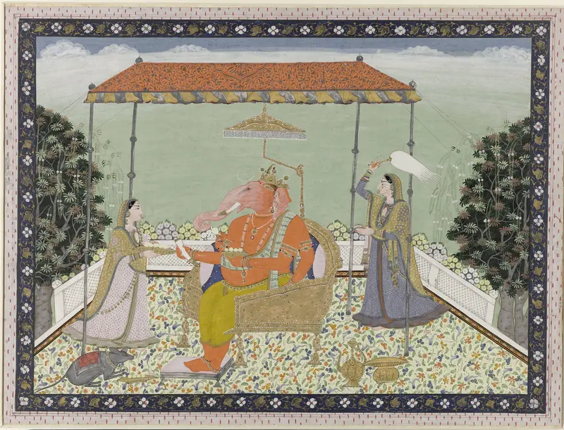 God Ganesa (Ganapati) met olifantslurf met zijn twee dienaressen Siddhi en Buddhi onder een balkijn gezeten Wall Art by anonymous - High-Resolution Digital Print