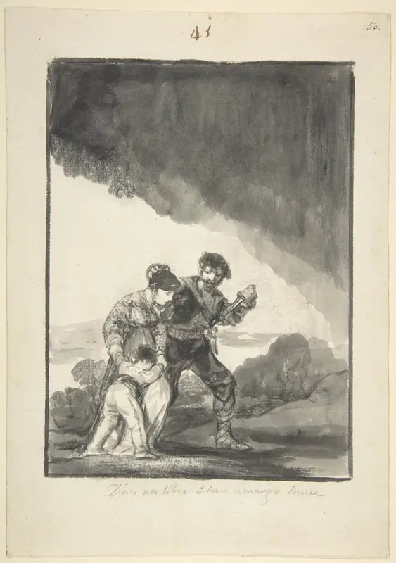 God save us from such a bitter fate; a bandit threatening a woman and a child with a knife, page 41 from the "Black Border Album" (E)