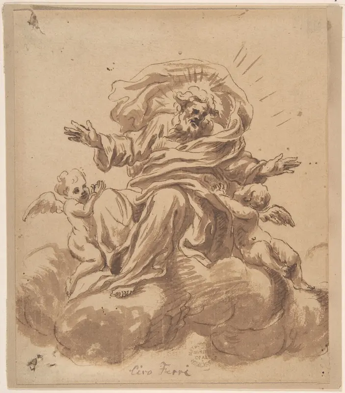 God the Father Seated on a Cloud, Flanked by Two Putti Wall Art by Anonymous, Italian, Roman-Bolognese, 17th century - High-Resolution Digital Print