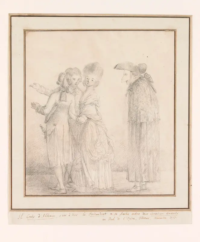 Graaf van Albanië en zijn vrouw aan de armen van twee begeleiders voor het Bal de l'Opera te Florence Wall Art by anonymous - High-Resolution Digital Print