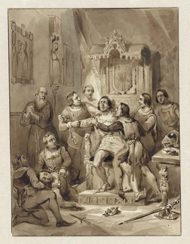 Graaf Willem V wordt krankzinnig en vermoordt Gerrit van Wateringen, 1357 Wall Art by Johann Wilhelm Kaiser (I) - High-Resolution Digital Print