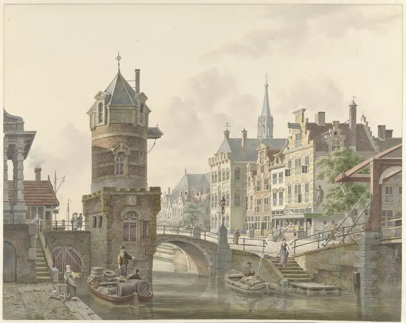 Gracht in een stad met een torentje bij een stenen brug Wall Art by Unknown - High-Resolution Digital Print
