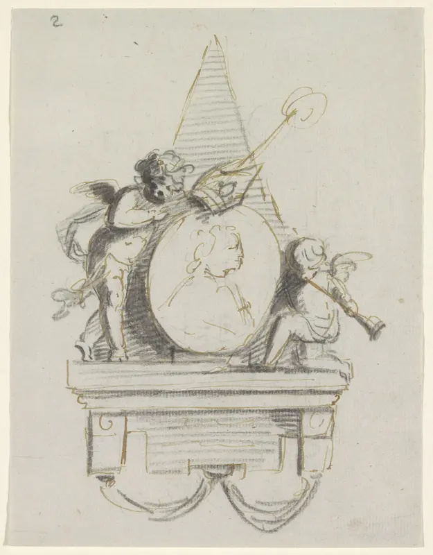Grafmonument met medaillon en putti Wall Art by Willem Jacob Herreyns - High-Resolution Digital Print