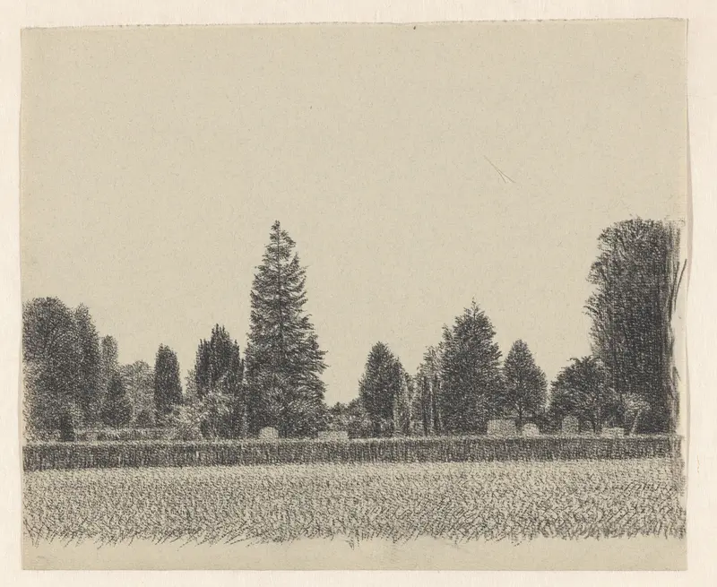 Grasveld en kerkhof achter heg Wall Art by Unknown - High-Resolution Digital Print