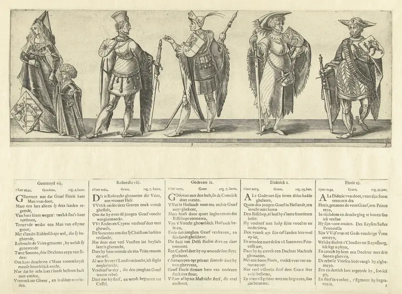 Gravin Geertruida VII en graven Robrecht VIII, Godfried IX, Dirk X en Floris XI Wall Art by Claes Jansz. Visscher (II) - High-Resolution Digital Print