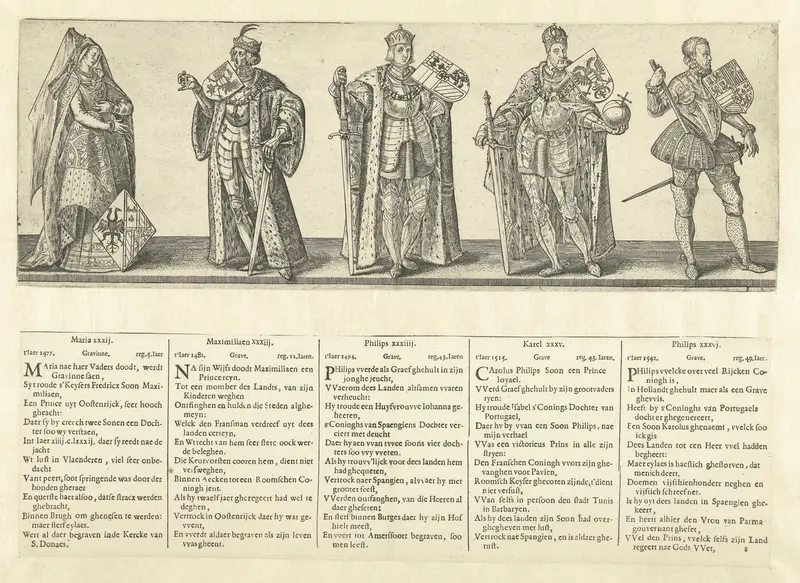 Gravin Maria XXXII en graven Maximiliaan XXXIII, Filips XXXIV, Karel XXXV en Filips XXXVI Wall Art by Claes Jansz. Visscher (II) - High-Resolution Digital Print