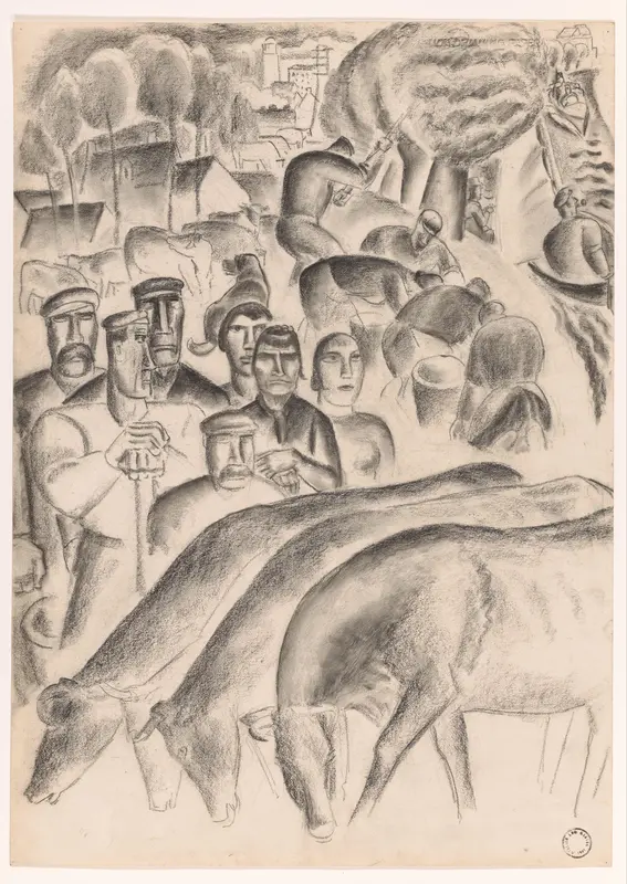 Grazende koeien, boeren en arbeiders op het land Wall Art by Leo Gestel - High-Resolution Digital Print