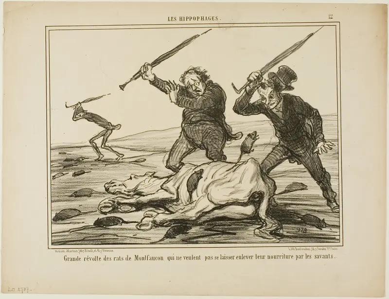Great revolt of the rats of Montfaucon which don't want their feed to be taken away by scientists, plate 12 from Les Hippophages