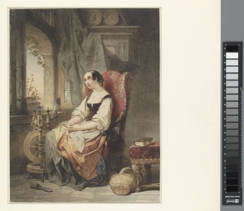 Greteken bij het spinrokken, zittend bij een open raam Wall Art by Nicaise De Keyser - High-Resolution Digital Print