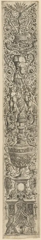 Griffins and Two Cupids Crossing Halberds, plate five of Twelve Ornament Panels Wall Art by Giovanni Antonio da Brescia - High-Resolution Digital Print