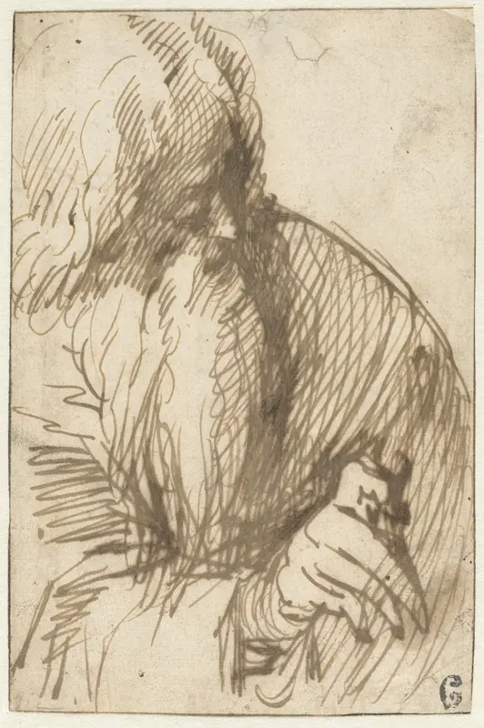 Grijsaard met half opgeheven hand