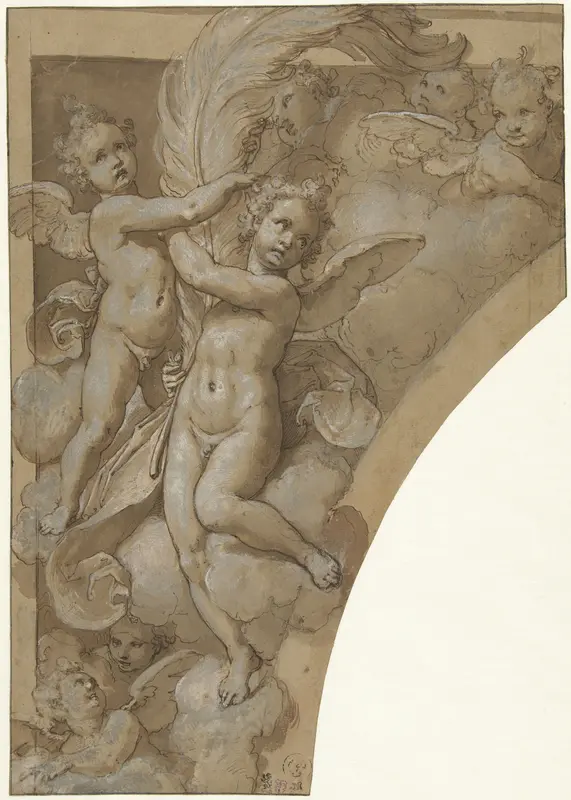 Groep engelen, waarvan twee met een grote veer Wall Art by Taddeo Zuccaro - High-Resolution Digital Print