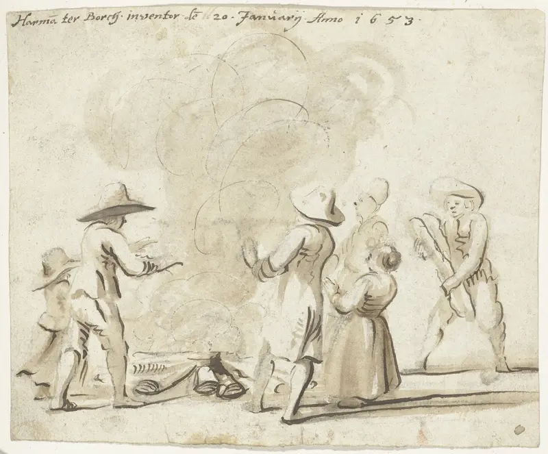 Groep figuren, zich warmend aan een vuur Wall Art by Unknown - High-Resolution Digital Print