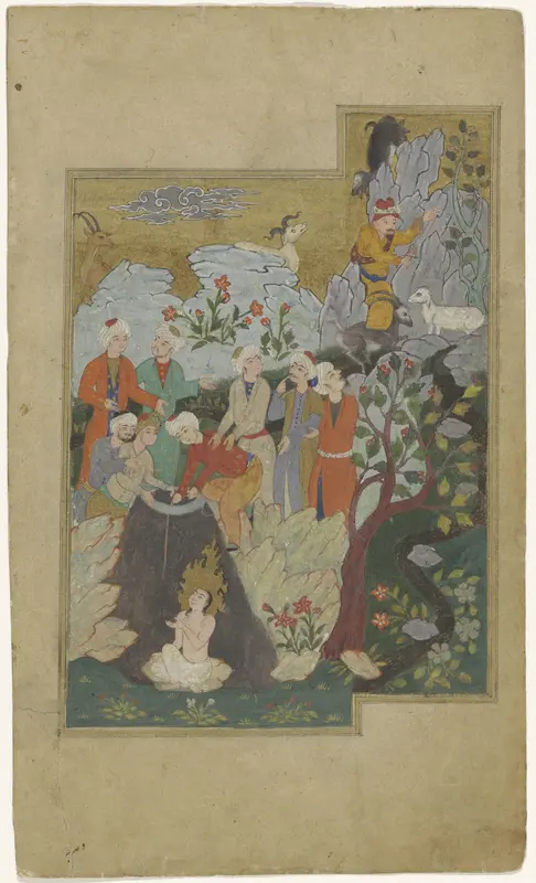 Groep mannen in een rotslandschap met een heiligenfiguur Wall Art by anonymous - High-Resolution Digital Print