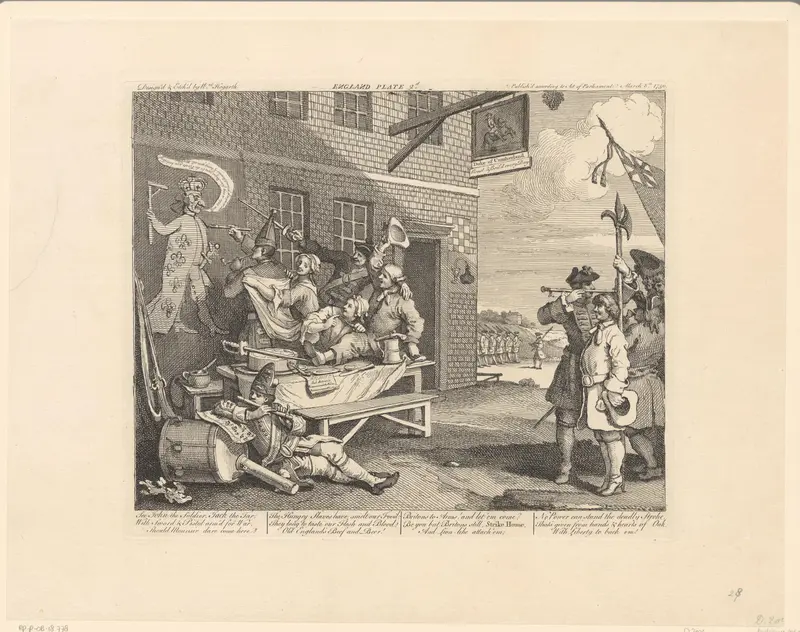 Groep soldaten en vrouwen staat buiten een taverne bij een karikatuur van Lodewijk XV Wall Art by David Garrick - High-Resolution Digital Print