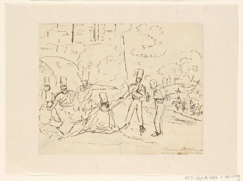 Groep soldaten zittend en twee staande personen Wall Art by Gerardus Emaus de Micault - High-Resolution Digital Print