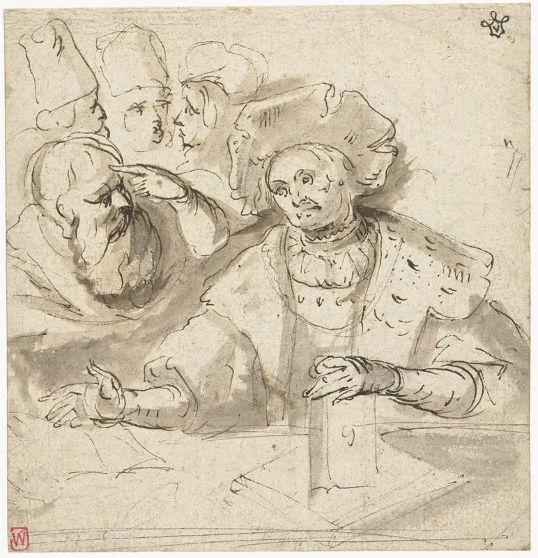 Groepje filosofen of schriftgeleerden bij een tafel met boeken Wall Art by Frans Francken (II) - High-Resolution Digital Print