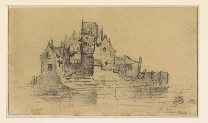 Groepje huizen omringd door water Wall Art by Eugène François de Block - High-Resolution Digital Print