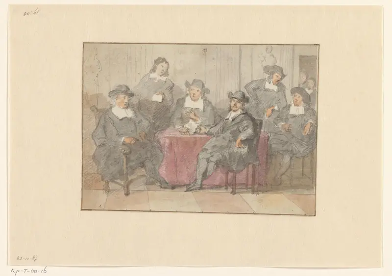 Groepsportret van zes heren zittend en staand rond een tafel Wall Art by anonymous - High-Resolution Digital Print