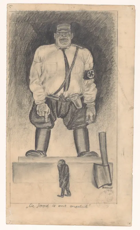 Grote Nationaalsocialistische soldaat die zich bedreigt voelt door een wandelende kleine Joodse man Wall Art by Unknown - High-Resolution Digital Print