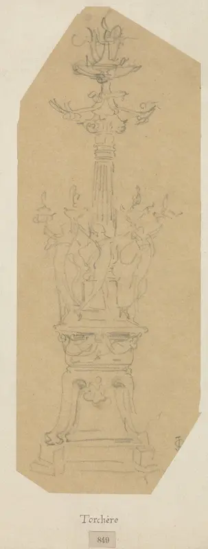 Grote torchère met dansende figuren die lampen vasthouden Wall Art by Unknown - High-Resolution Digital Print