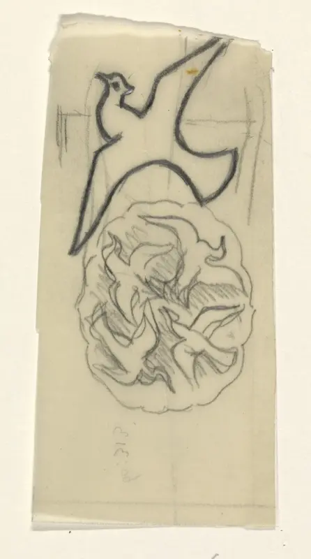 Grote vogel met vier kleine vogels in een cirkel Wall Art by Leo Gestel - High-Resolution Digital Print