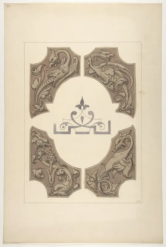 Grotesque designs featuring griffin, birds, and dolphins Wall Art by Jules-Edmond-Charles Lachaise - High-Resolution Digital Print