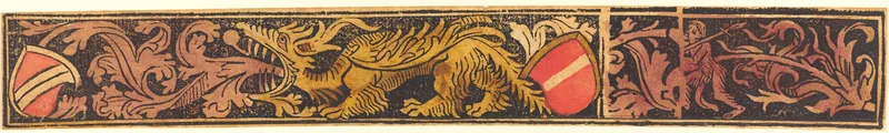 Grotesque Strip with Dragon, Shields and Wild Men Wall Art by Anonymous, German, 15th century - High-Resolution Digital Print